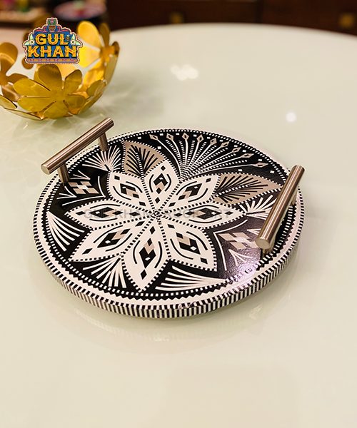 Chamakpatti Mini Round Tray (Gray Scale) 0034 - Gul Khan Truck Art