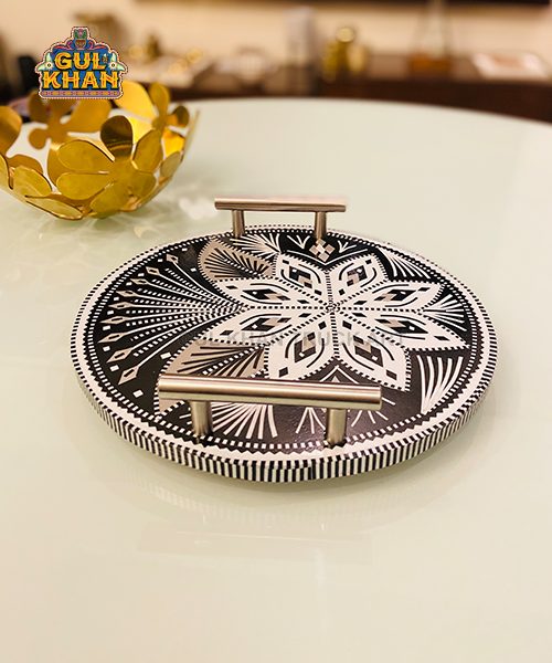 Chamakpatti Mini Round Tray (Gray Scale) 0034 - Gul Khan Truck Art
