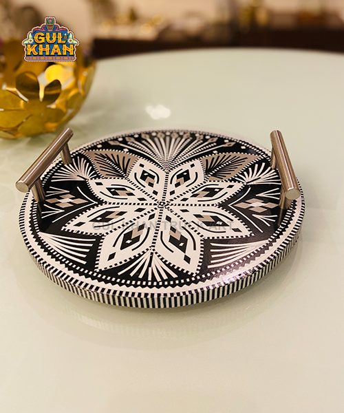 Chamakpatti Mini Round Tray (Gray Scale) 0034 - Gul Khan Truck Art