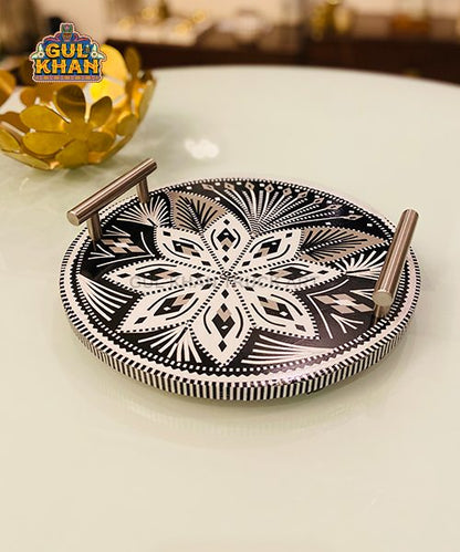 Chamakpatti Mini Round Tray (Gray Scale) 0034 - Gul Khan Truck Art