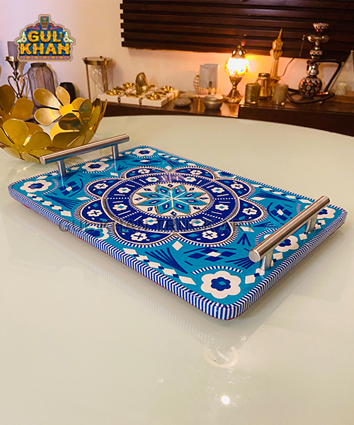 ChamakpattiTrayBluePottery_StainlessSteelHandle - Gul Khan Truck Art
