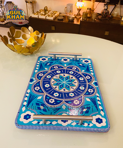 Chamakpatti Tray Blue Pottery (Stainless Steel Handle) - Gul Khan Truck Art